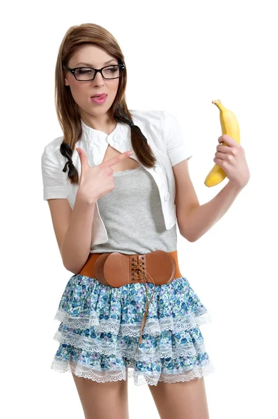 Sexuella brunett poserar med banan — Stockfoto