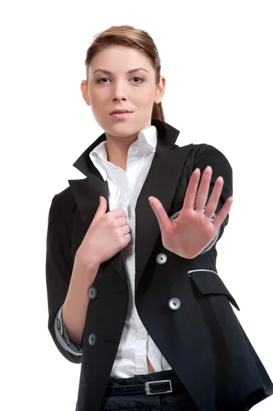 Girl brunette showing sign — Stock Photo, Image