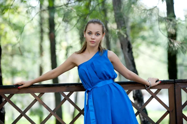 Menina em vestido azul posando — Fotografia de Stock