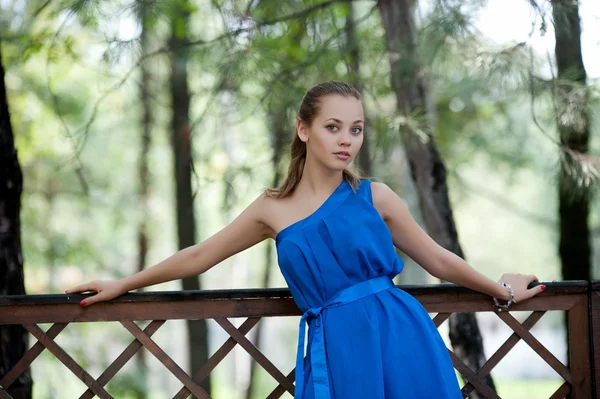 Meisje in blauwe jurk poseren — Stockfoto