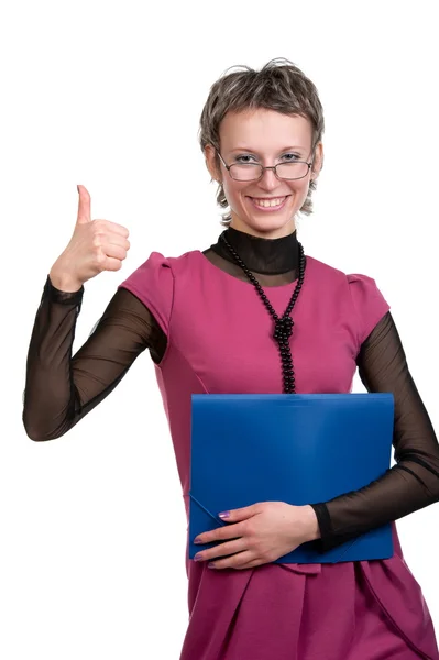 Sexy chica en gafas posando con carpeta — Foto de Stock