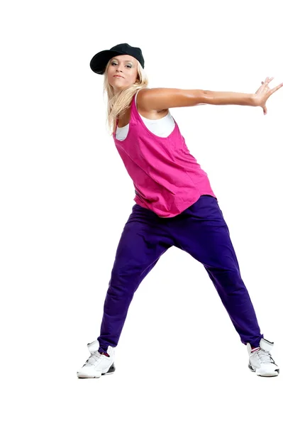 Κορίτσι ξανθιά χορεύτρια σε σπορ ρούχα — Φωτογραφία Αρχείου