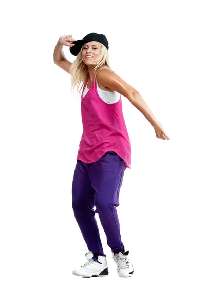 Κορίτσι ξανθιά χορεύτρια σε σπορ ρούχα — Φωτογραφία Αρχείου