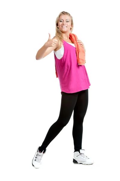 Frau in sportlicher Kleidung mit Handtuch — Stockfoto