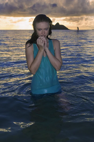 Girl in dress in the ocean — Stock Photo, Image