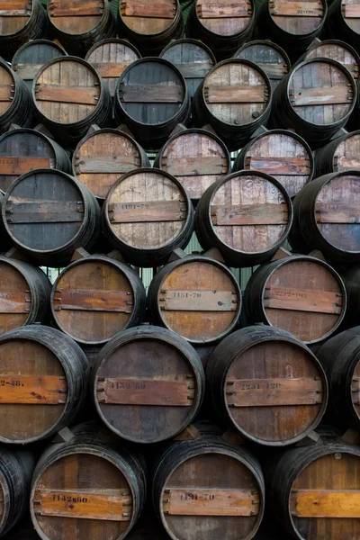 Barricas de vino apiladas en la bodega —  Fotos de Stock