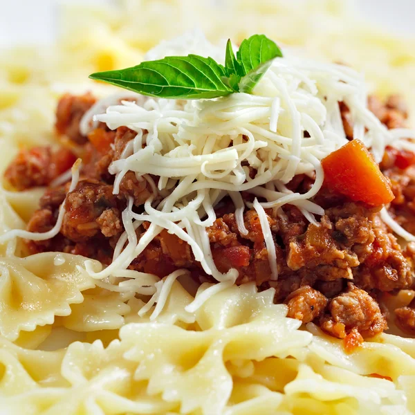 Pasta with meat cheese and garnish with mint.