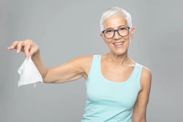 Senior Woman Cleaning Hands Drop Wet Rubes Care Health Prevention — Stock fotografie