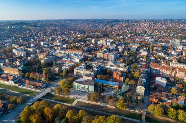 Valjevo Panorama Miasta Serbii Aerial Drone View Administrative Center Kolubara — Zdjęcie stockowe