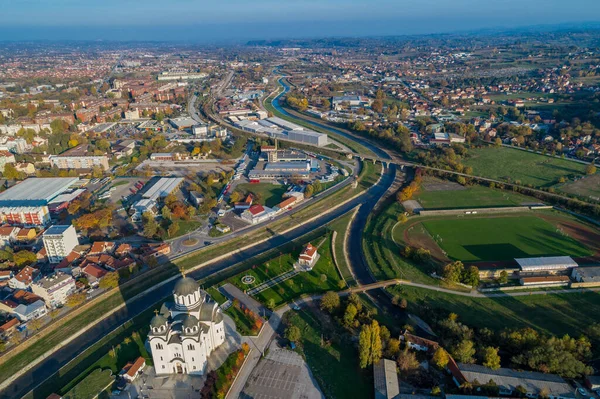 Valjevo Panorama Della Città Serbia Aereo Drone Vista Centro Amministrativo — Foto Stock