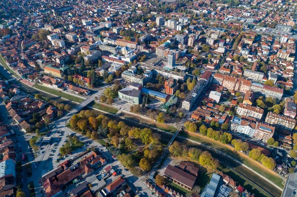 Valjevo Panorama Miasta Serbii Aerial Drone View Administrative Center Kolubara — Zdjęcie stockowe