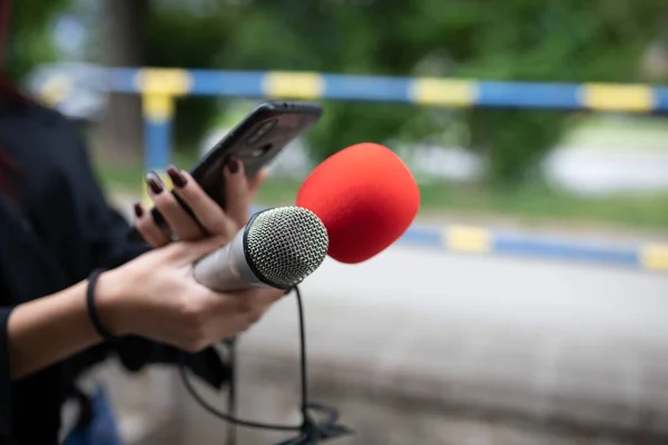 Female Journalist News Conference Recording Notes Holding Microphone Smarthopne Lice — Stock Photo, Image