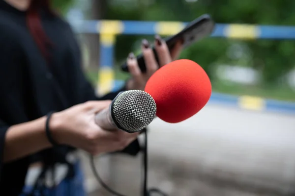 Journalistin Bei Einer Pressekonferenz Nimmt Notizen Auf Hält Mikrofon Und — Stockfoto