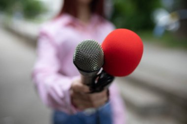 Profesyonel kadın gazeteci iş başında, elinde mikrofonlar ve kayıt notları var.