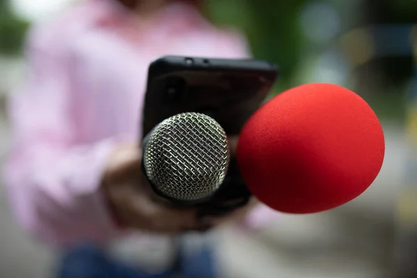 Jornalista Profissional Evento Segurando Microfones Gravando Notas Smartphone Dictaphone — Fotografia de Stock