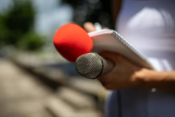 Female news reporter or TV journalist at press conference, holding microphone and writing notes