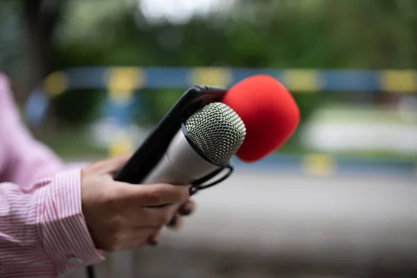 Професійна Жінка Журналістка Заході Тримає Мікрофони Записує Нотатки Телефоні Смартфона — стокове фото
