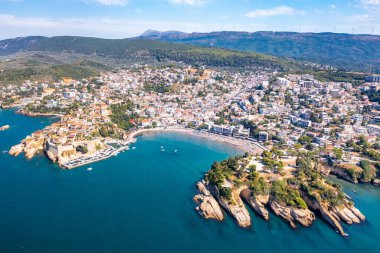 Ulcinj, drone view panorama of old city and popular travel destination on Adriatic sea in Montenegro