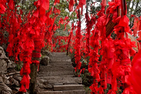 願い、Tianmenshan 国立公園、中国の成就の赤いリボンで結ばれた山の森の木 ストックフォト