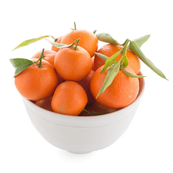 Tangerines on ceramic white bowl — Stock Photo, Image