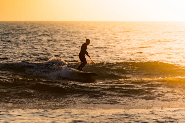 Stand up paddler silhouette al tramonto — Foto Stock