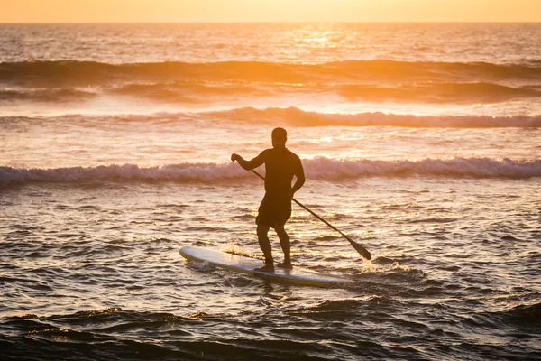 Gün batımında paddler siluet kadar stand — Stok fotoğraf