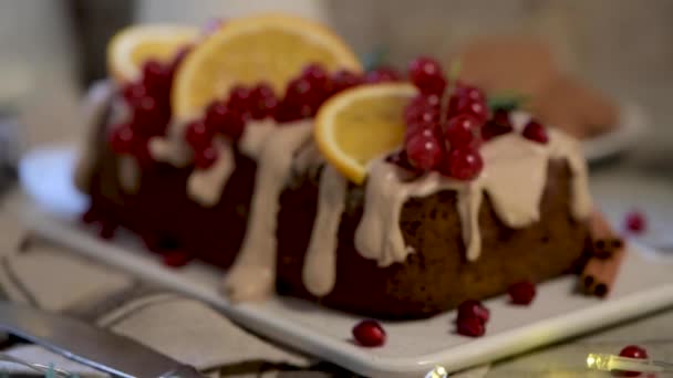 Christmas Home Made Cinnamon Cake Fruits Spekulatius Cookies Cream Window — Stock Video