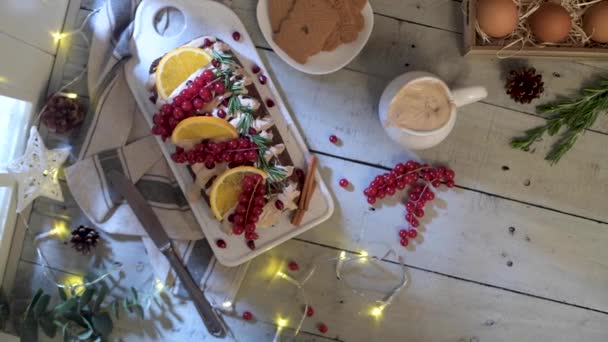Christmas Home Made Cinnamon Cake Fruits Spekulatius Cookies Cream Window — Stock Video