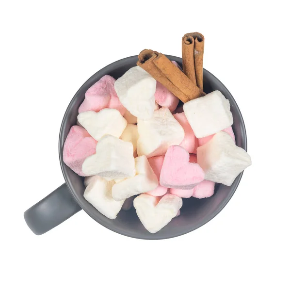 Ceramic Cup Sweet Heart Shape Marshmallow Isolated White Background — Stock Photo, Image