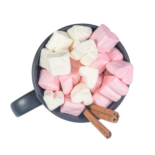 Copo Cerâmica Com Forma Coração Doce Marshmallow Isolado Fundo Branco — Fotografia de Stock