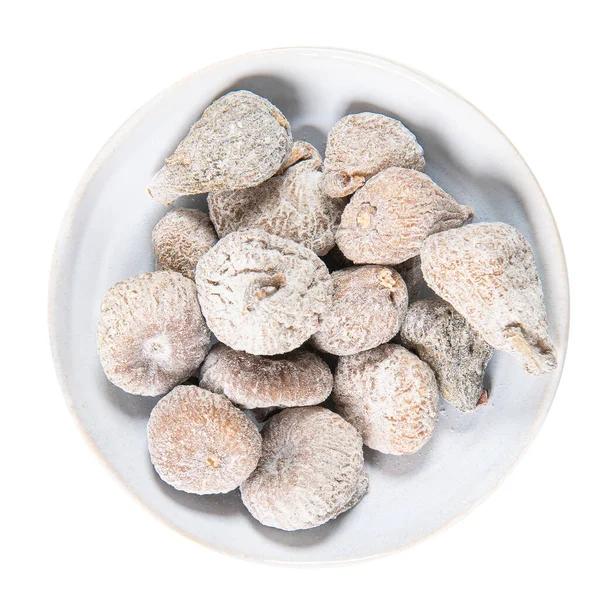 Dried Figs White Ceramic Bowl Dried Fruit Copy Space Text — Stock Photo, Image