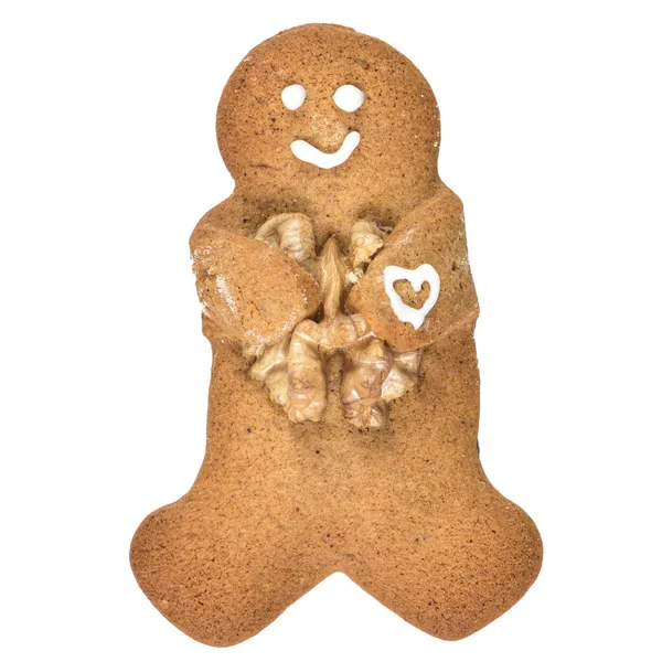 Gingerbread Man Cookie Embrancing Walnut Isolated White Background — Stock Photo, Image