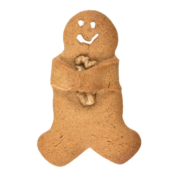 Pepparkakor Man Cookie Förgrening Valnöt Isolerad Vit Bakgrund — Stockfoto