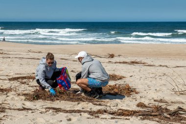 OVAR, PORTUGAL - CIRCA APRIL 2021: Portekizli gönüllü grup Ovar, Portekiz 'deki Furadouro plajından plastik atıkları uzak tutuyor. Çevre kirliliği. Koruma, dostluk.