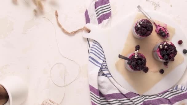 Chia Pudding Blackberries Three Portions Glass Jars White Table — Stock Video