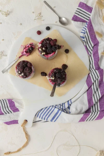 Chia Pudding Blackberries Three Portions Glass Jars White Table — Stock Photo, Image