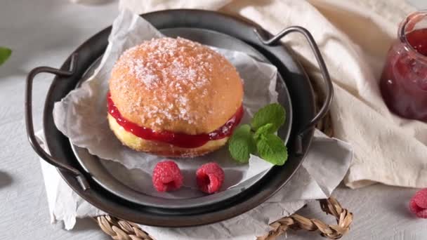 Bolas Berlim Bolas Berlín Masa Frita Portuguesa Con Azúcar Llena — Vídeos de Stock