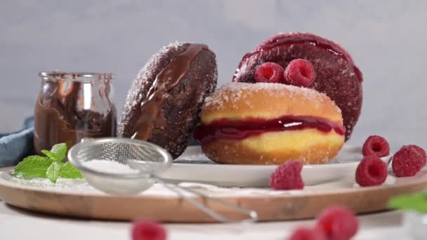 Bolas Berlim Bolas Berlín Masa Frita Portuguesa Con Azúcar Llena — Vídeos de Stock