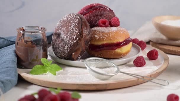Bolas Berlim Czyli Berlińskie Jaja Portugalskie Smażone Ciasto Cukrem Wypełnione — Wideo stockowe