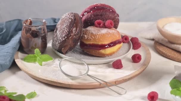 Bolas Berlim Bolas Berlín Masa Frita Portuguesa Con Azúcar Llena — Vídeos de Stock