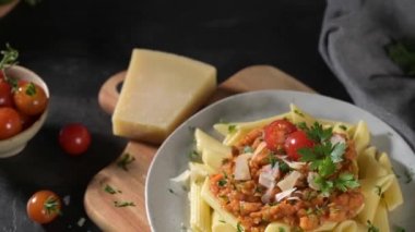 Vejetaryen mercimek Bolonez soslu makarna. Sağlıklı yeme kavramı.