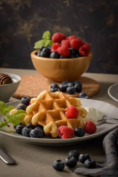 Sweet Homemade Berry Belgian Waffle Whipped Cream — Stock Photo, Image