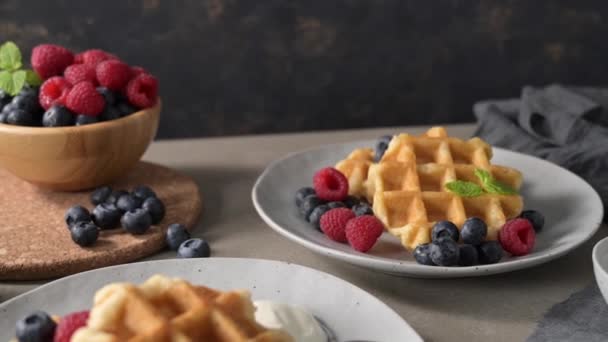 Sweet Homemade Berry Belgian Waffle Whipped Cream — Stock Video