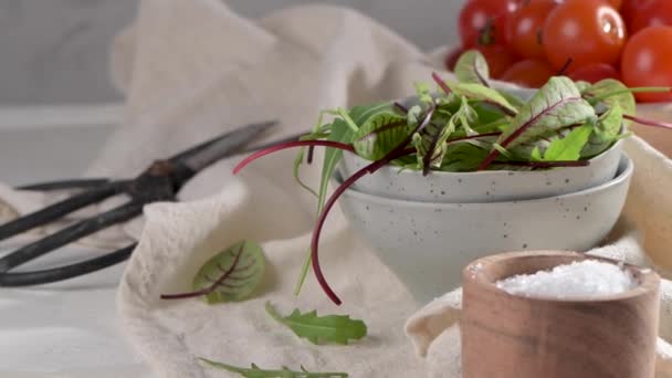 Włoskie Bruschetty Pieczonymi Pomidorami Serem Mozzarella Plasterkami Ananasa Ziołami Rustykalnym — Wideo stockowe