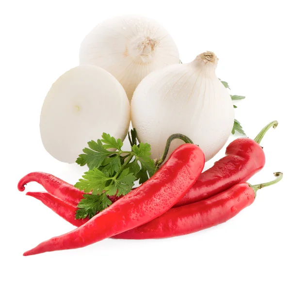 Onion, chilli peppers and parsley — Stockfoto