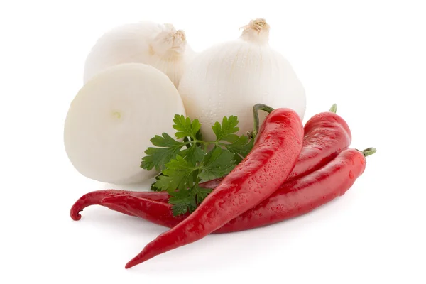 Onion, chilli peppers and parsley — Stock Photo, Image