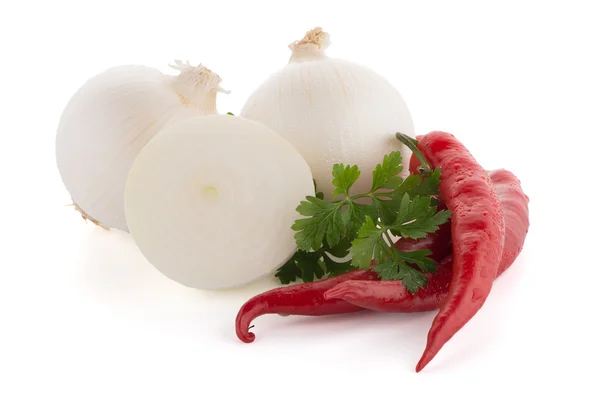 Onion, chilli peppers and parsley — Stockfoto