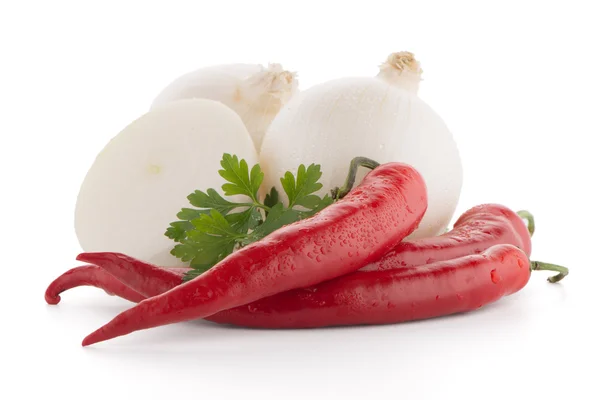 Onion, chilli peppers and parsley — Stock Photo, Image