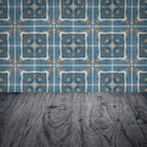 Wood table top and blur ceramic  wall — Stock Photo, Image