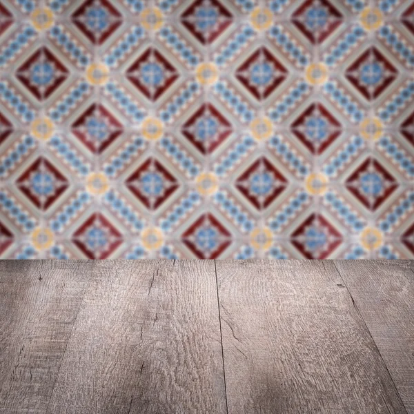 Wood table top and blur  ceramic tile  wall — Stock Photo, Image